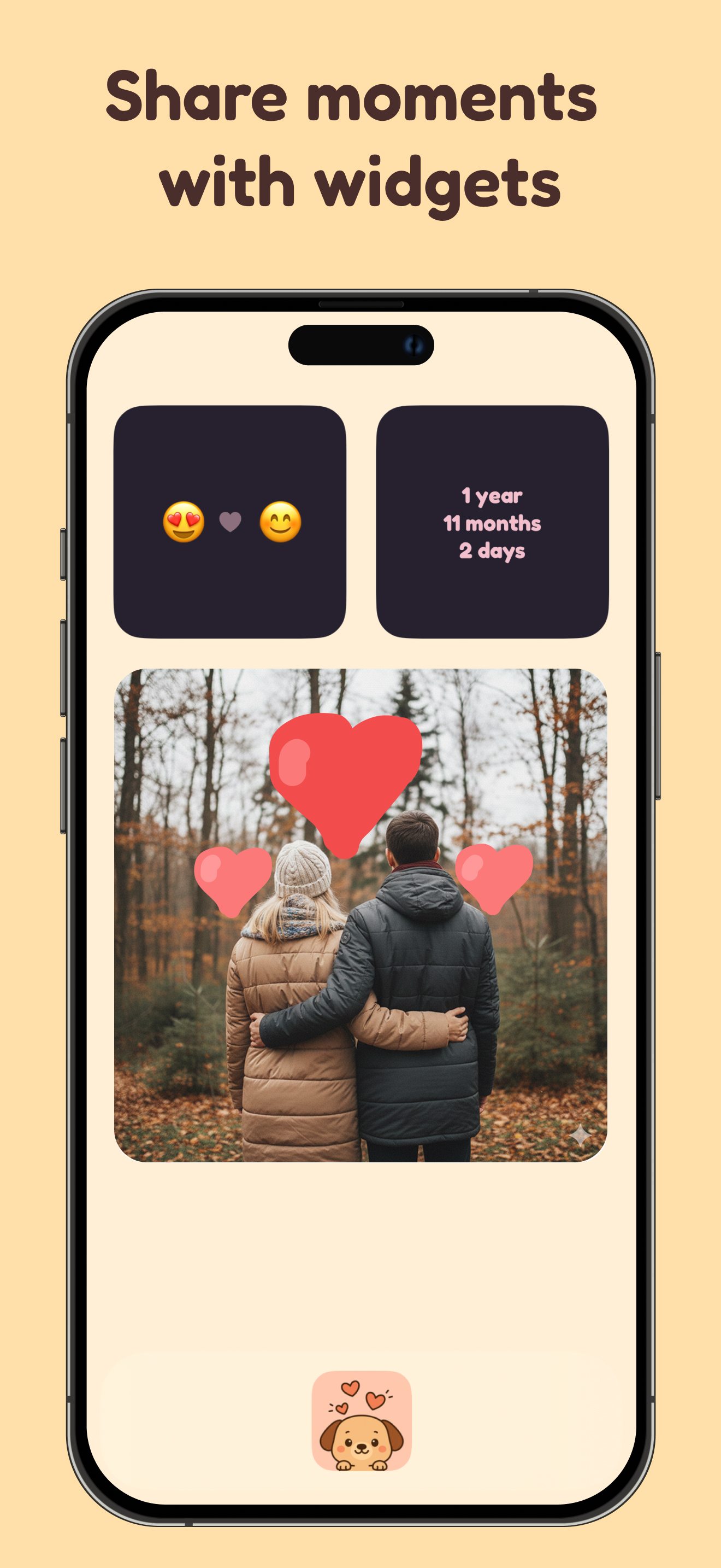 Couples widgets showing mood, anniversary countdown, and shared photos